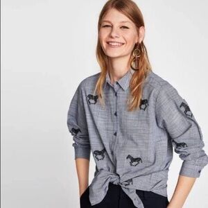 Zara Plaid Zebra Embroidered Button down Shirt